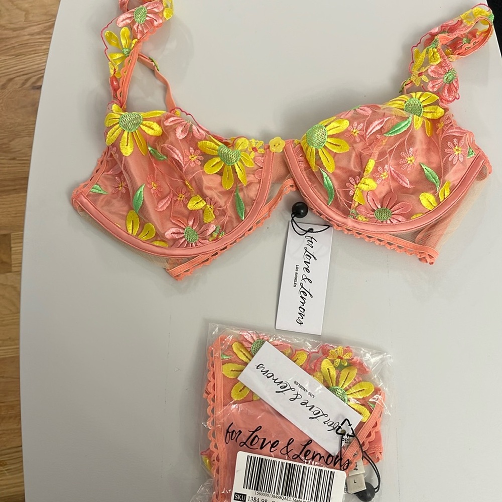 For Love and Lemons Peach Floral Bra (XL) and Thong (L) Set